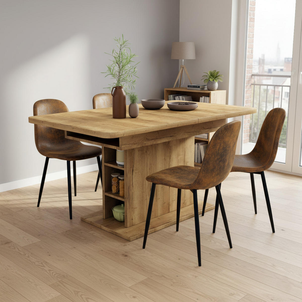 TISCHGRUPPE 5-teilig Kompakter Esstisch 110–130 cm mit Regal-Stauraum & 4 Stühle - Schwarz/Eiche San Remo, Holzwerkstoff/Textil (130/75/70cm) - Urban Meuble