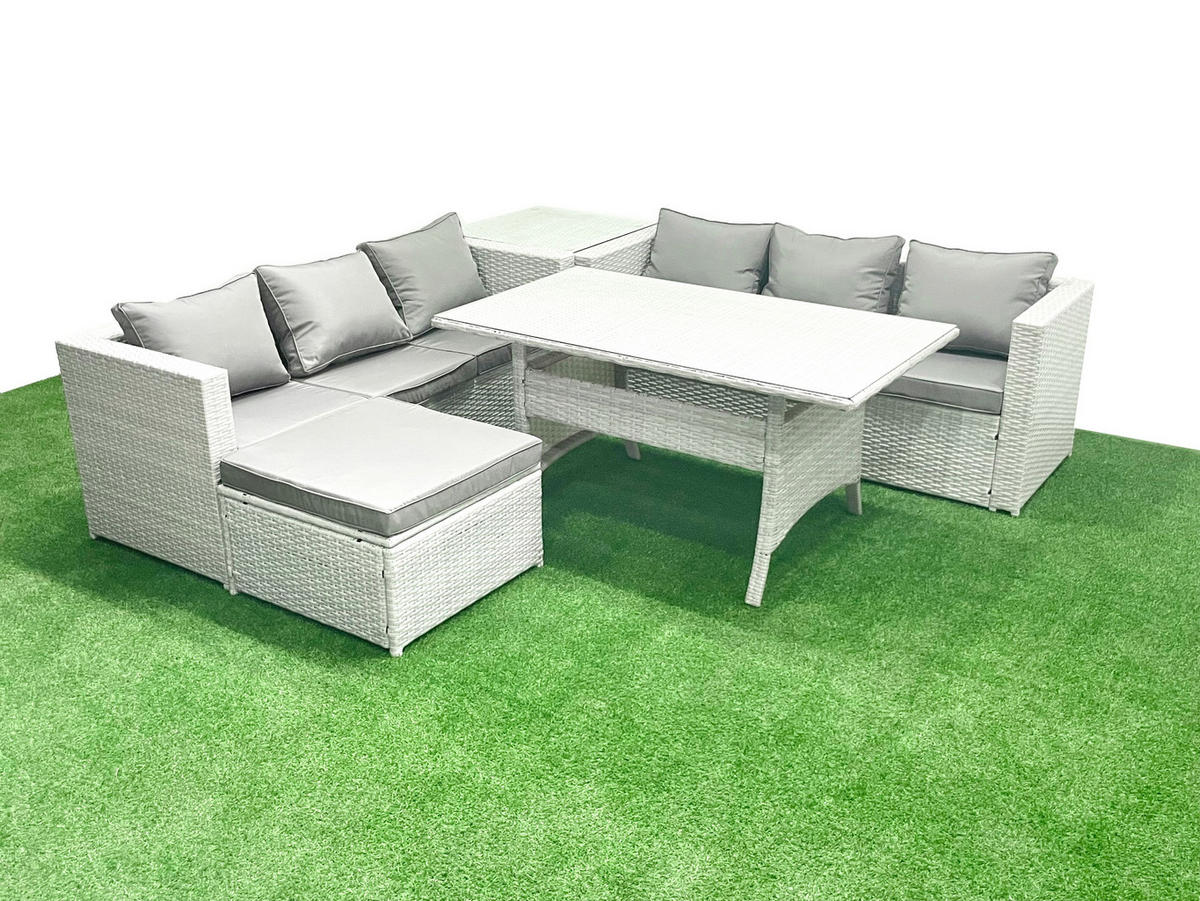 GARTENMÖBEL SET mit Esstisch,Beistelltisch Polyrattan Hellgrau 7-Sitzer - Hellgrau/Grau, Glas/Kunststoff - Fimous