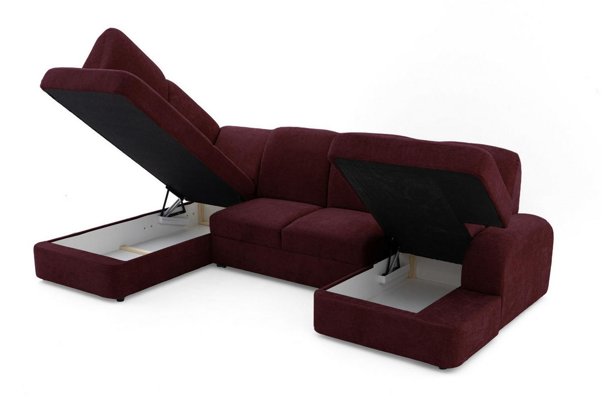 ECKSOFA VIBE U Links mit Schlaffunktion 129x263 Chenille Bordeaux - Bordeaux/Schwarz, Holz/Kunststoff (280/102/186cm) - Muffo