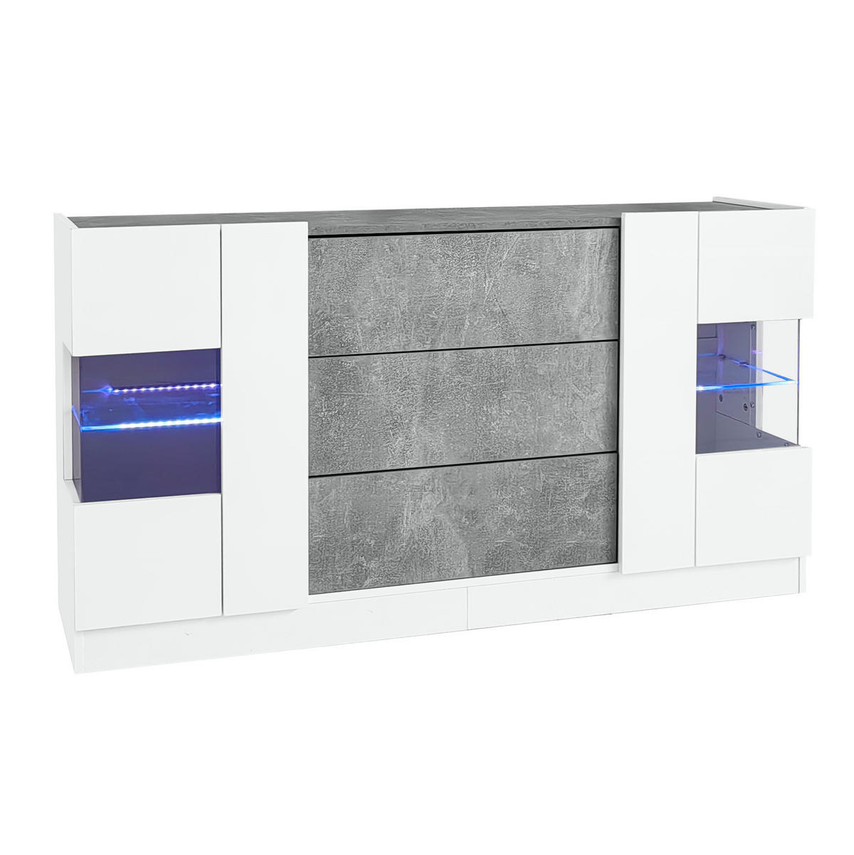 SIDEBOARD 140/35/75 cm mit 2 Türen, 3 Schubladen & LED in Weiß-Marmorlook - Weiß, Holzwerkstoff (140/75/35cm) - BEAOK