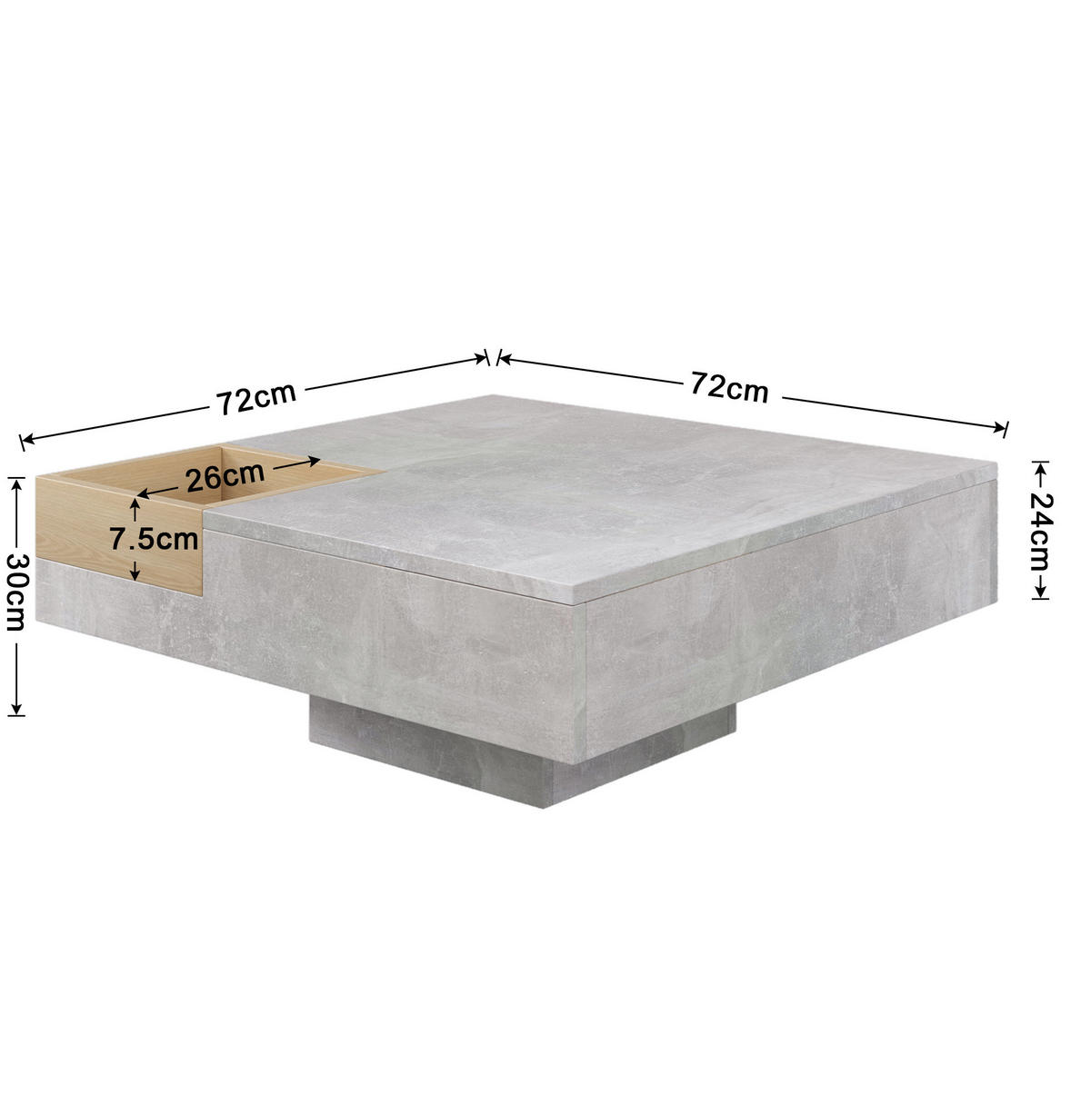 COUCHTISCH 72/72/30 cm in Betongrau und Holzfarbe aus Spanplatte mit Aufbewahrungsbox - Grau, Holzwerkstoff (72/72/30cm) - OKMYHOME