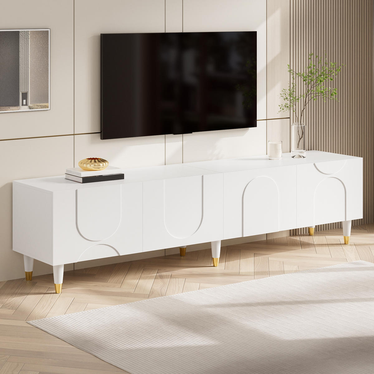 TV-SCHRANK Lowboard 4 Türen Bogenrelief Holzbeine modern - Weiß, Holzwerkstoff (40/50/180cm) - FLIEKS