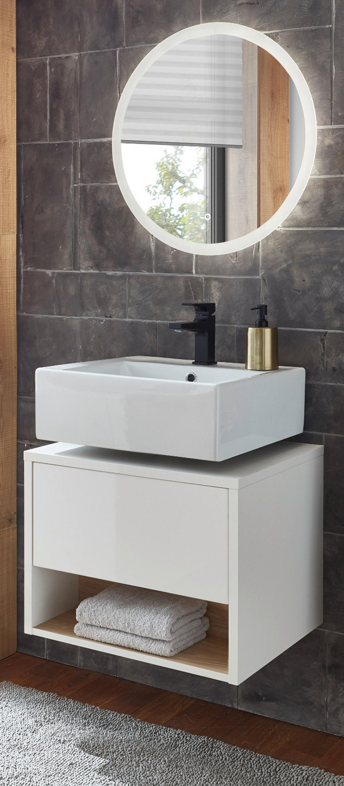 BADMÖBEL-SET 2-teilig weiß Hochglanz, Eiche, Badmöbel mit LED Beleuchtung 60 cm - Weiß Hochglanz, Glas/Holzwerkstoff (60/190/46cm) - Furn.Design