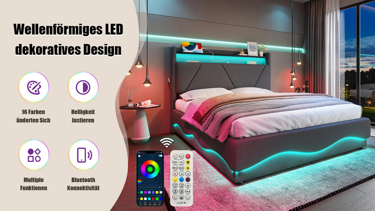 POLSTERBETT 160x200 cm LED USB Stauraum - Dunkelgrau, Textil (160/200cm) - LEBENLANG