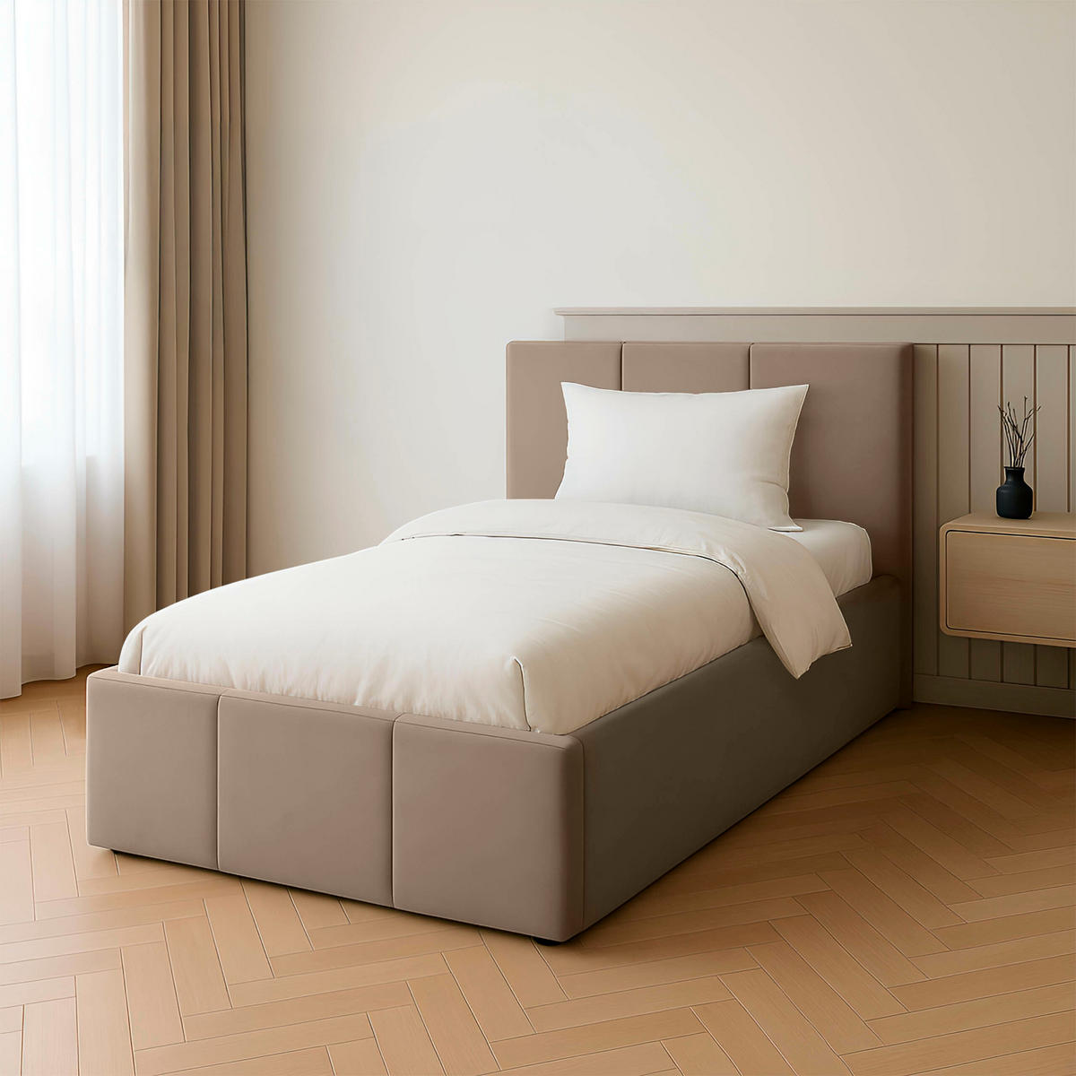 POLSTERBETT für Schlafzimmer Bett mit Stauraum Beige 90x200cm Kopfteil 100cm - Beige, Holzwerkstoff/Metall (90/200cm) - Muralo