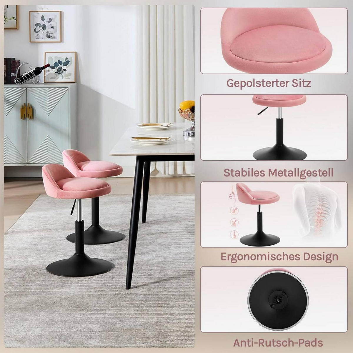 BARHOCKER 2er Set, Samt, Rosa+Schwarz - Schwarz/Rosa, Textil/Metall (38.5/49.5/43cm) - Woltu