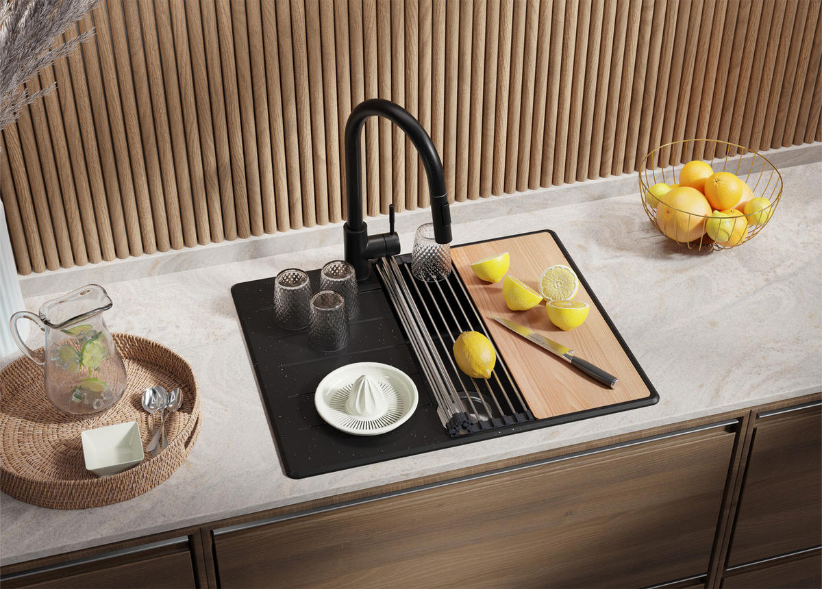 SPÜLBECKEN Kopenhagen, 2-er set Schwarz Metallic 62/50 cm 1 Becken + Ablauf-Set + Schneidebrett ab 45er Unterschrank - Chromfarben/Schwarz Hochglanz, Kunststoff (62/20/50cm) - Primagran