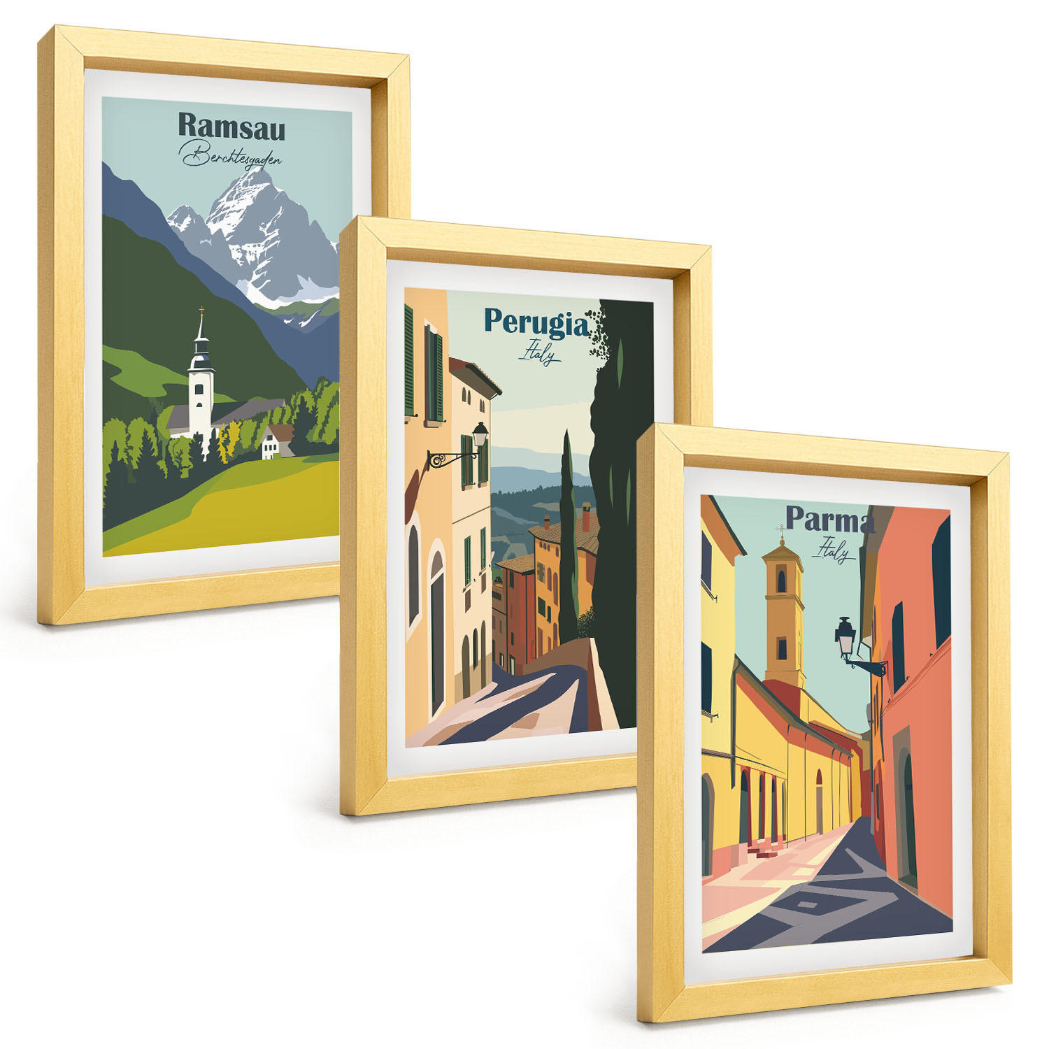 BILDER SET 3er Set - 20x30 cm Goldrahmen - Berglandschaften und Italien - Goldfarben, Kunststoff (20/30cm) - TULUP