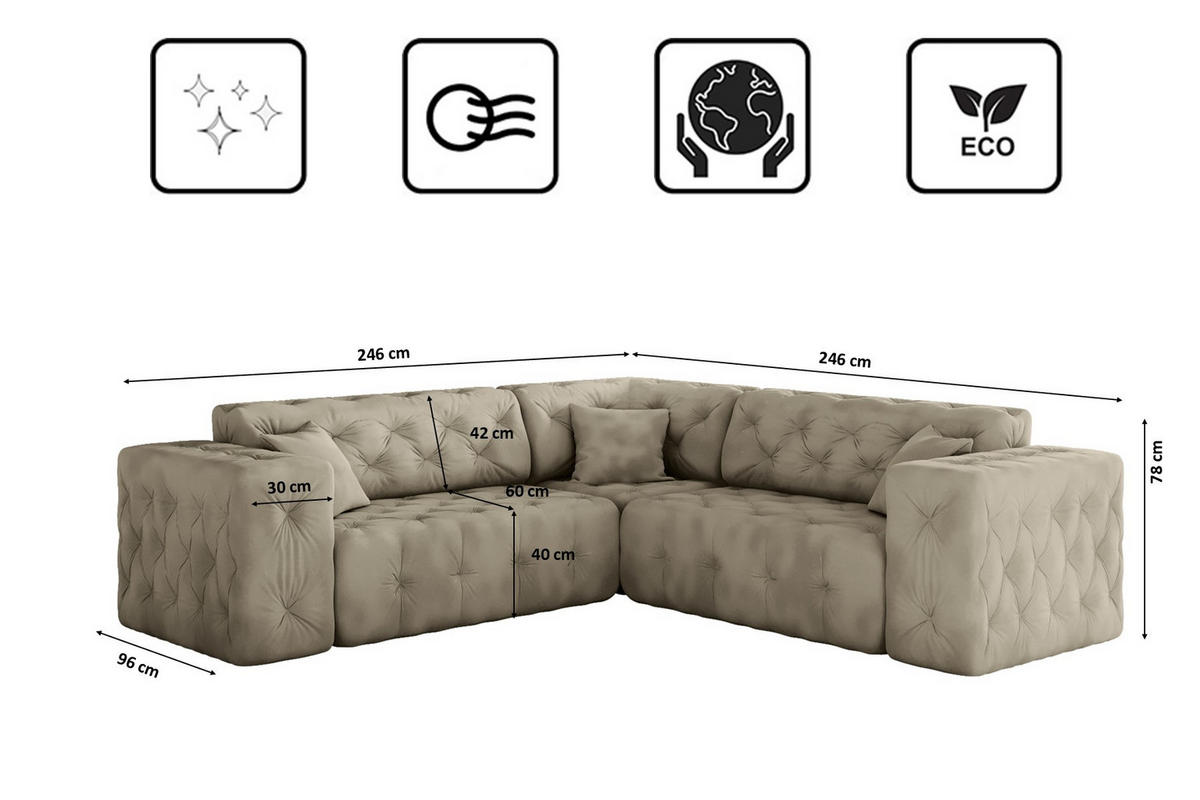 CORNER LUX, Gesteppt, Stoff Whisper, Creme - Creme, Holz/Textil (246/246cm) - Kaiser Möbel