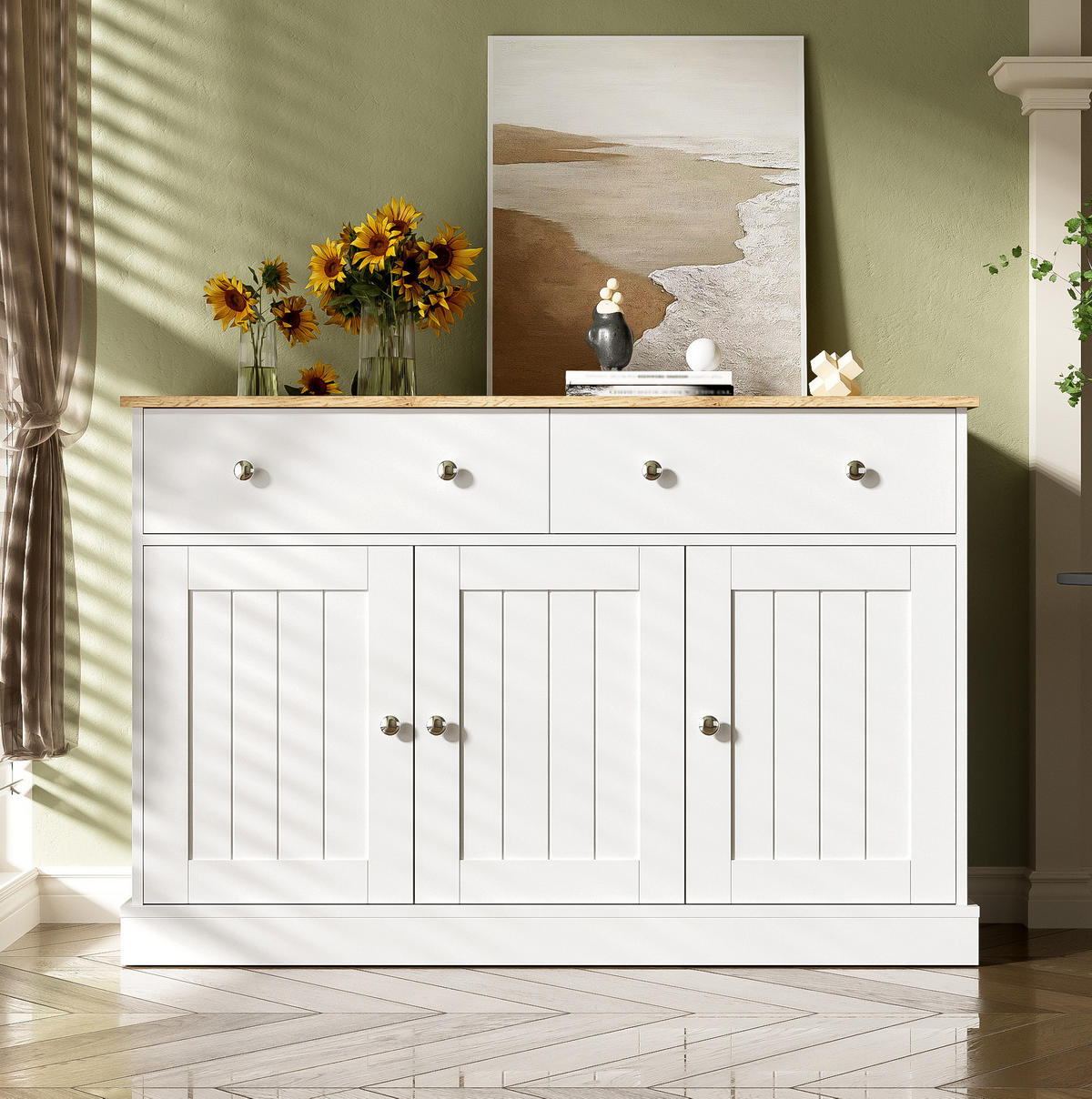 SIDEBOARD 120/36/80,5 cm Weiß/Holzfarbe aus Spanplatte mit 3 Türen - Weiß, Holzwerkstoff (120/80.5/36cm) - OKWISH