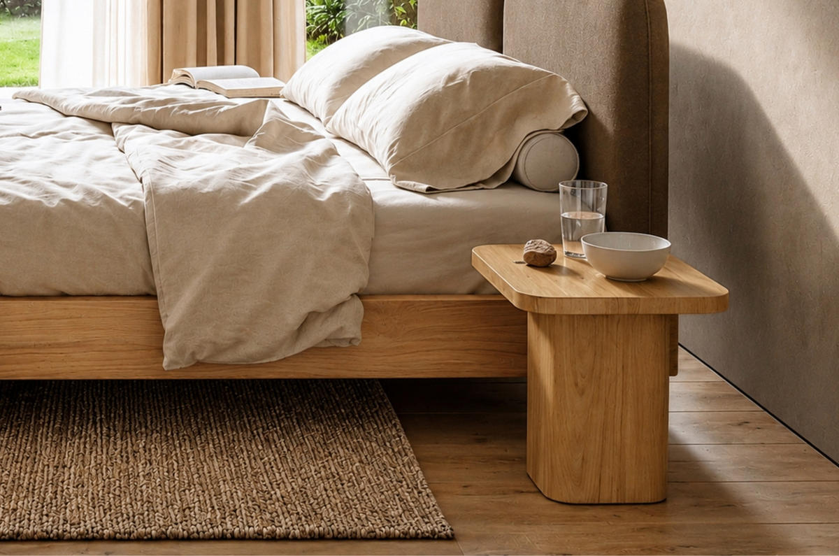 MASSIVHOLZ-NACHTTISCH Eyko MAUI, asymmetrisch, 40x34 cm, Wildeiche - lackiert - Eichefarben, Holz (40/34/32cm)