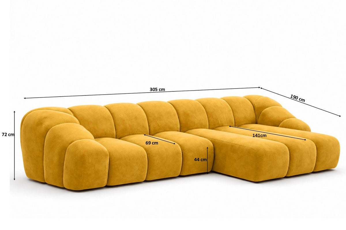 ECKSOFA Modulare L-Form, Veloursstoff Bluvel, Golden, Rechts, CROISSANT L - Goldfarben, Holz (305/190cm) - Kaiser Möbel