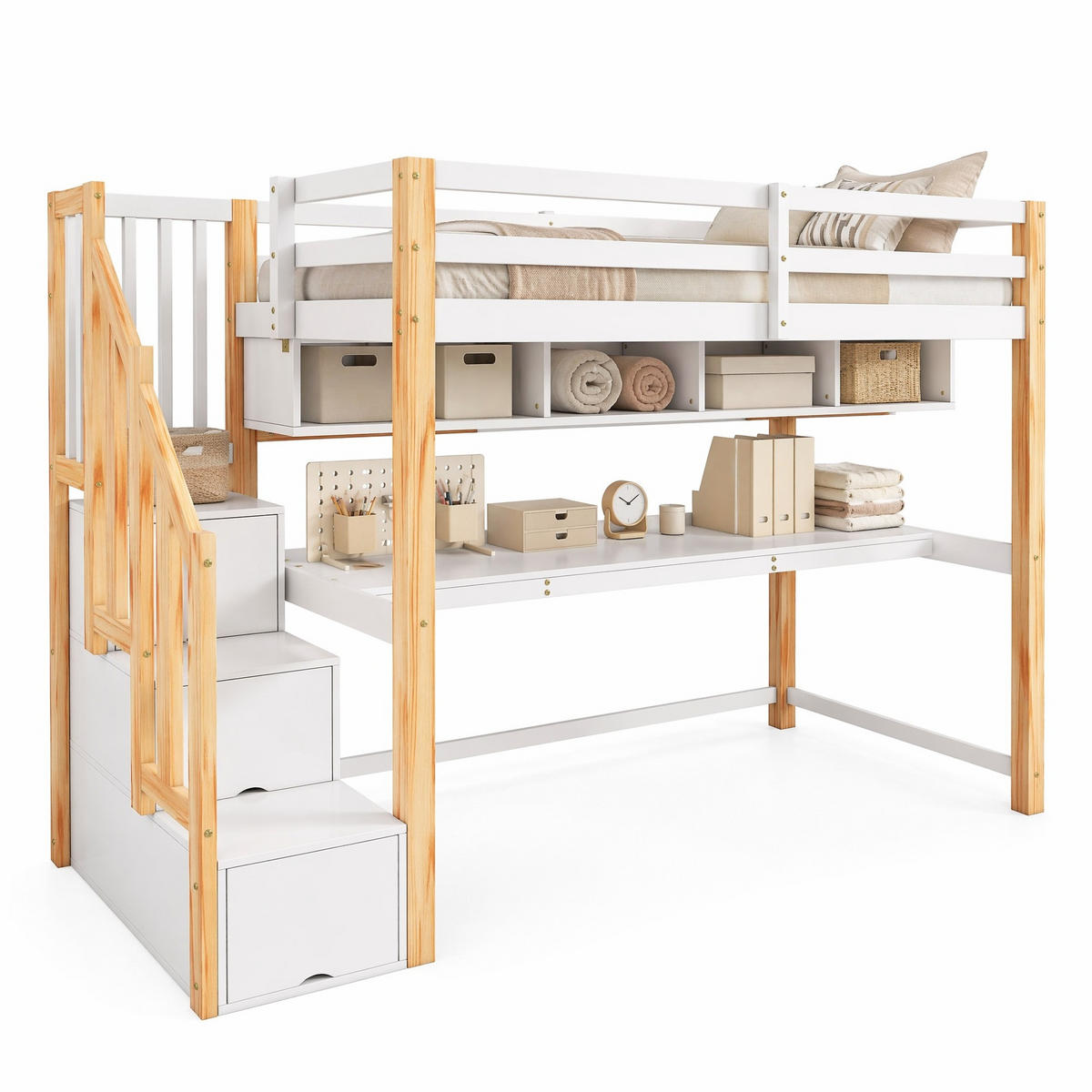 HOCHBETT 90/200 cm in Weiß & Natur mit Treppe, Schreibtisch und Regal - Eichefarben/Weiß, Holz/Holzwerkstoff (90/200cm) - CHICFURN