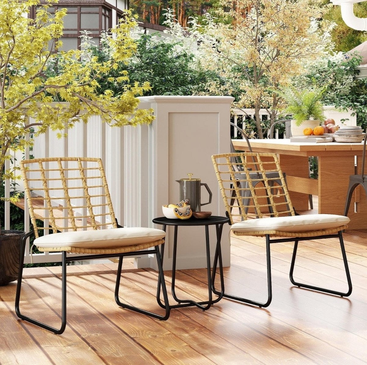 BALKONSET 3-teilig,40×40×46cm Polyrattan mit Kissen und Tisch - Beige, Naturmaterialen - Modfu