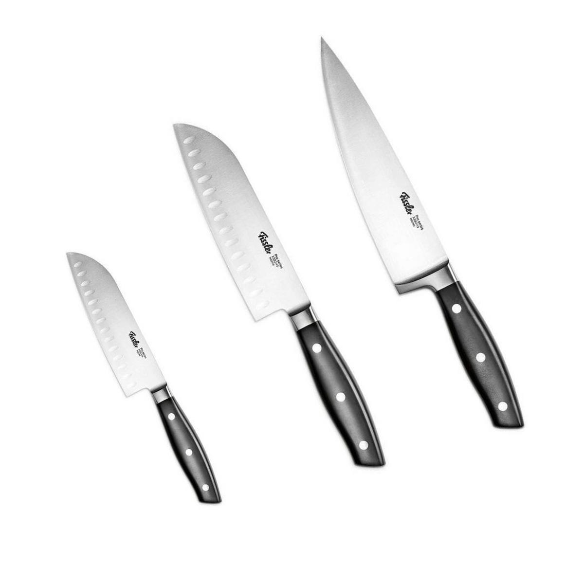 KÜCHENMESSER SET 3-tlg Schwarz, Santokumesser 130 mm, 165 mm, Kochmesser 190 mm, Edelstahl, Schneidemesser, Küchenzubehör, Profi Messer, Klingenstahl - Silberfarben/Schwarz, Kunststoff/Metall - Fissler