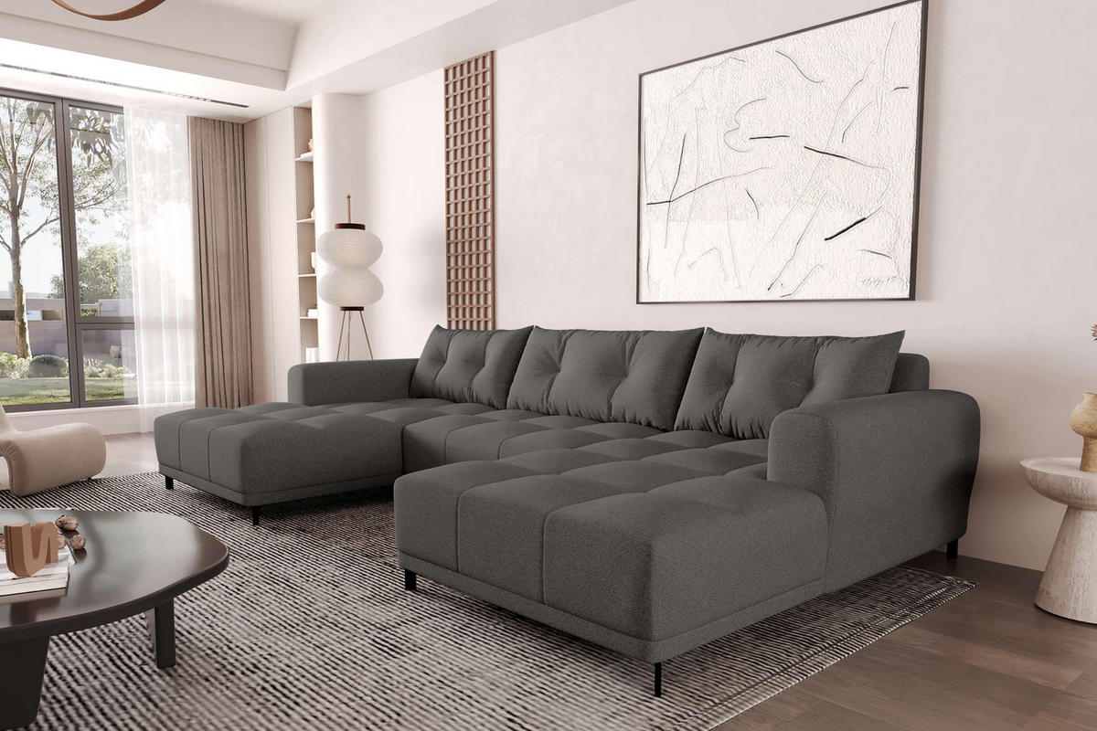 WOHNLANDSCHAFT Strukturstoff Anthrazit inkl. Schlaffunktion - Anthrazit/Schwarz, Textil/Metall (348/94/181cm) - 99rooms