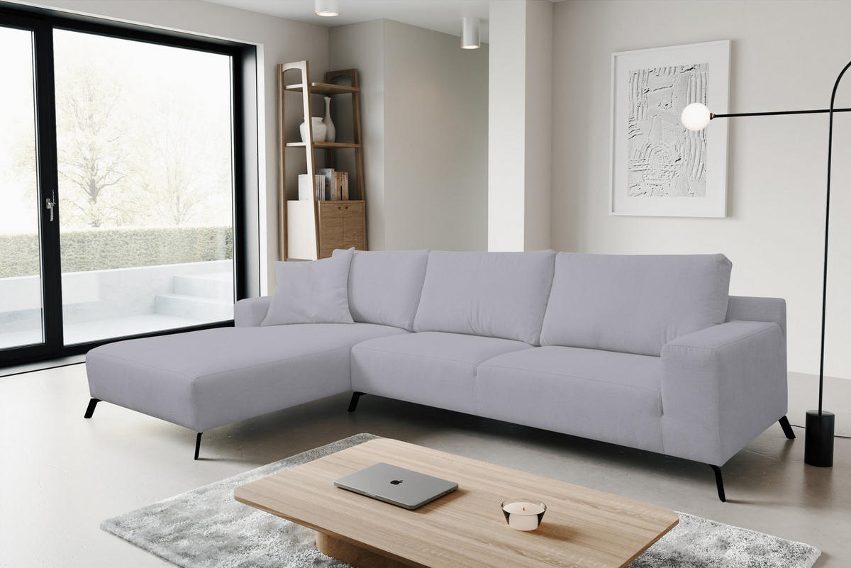 ECKSOFA Aspen in L-Form, Coach Farbe: Hellgrau, Velourstoff, Ottomane Links - Hellgrau, Textil (187/312cm) - VENASI MÖBEL