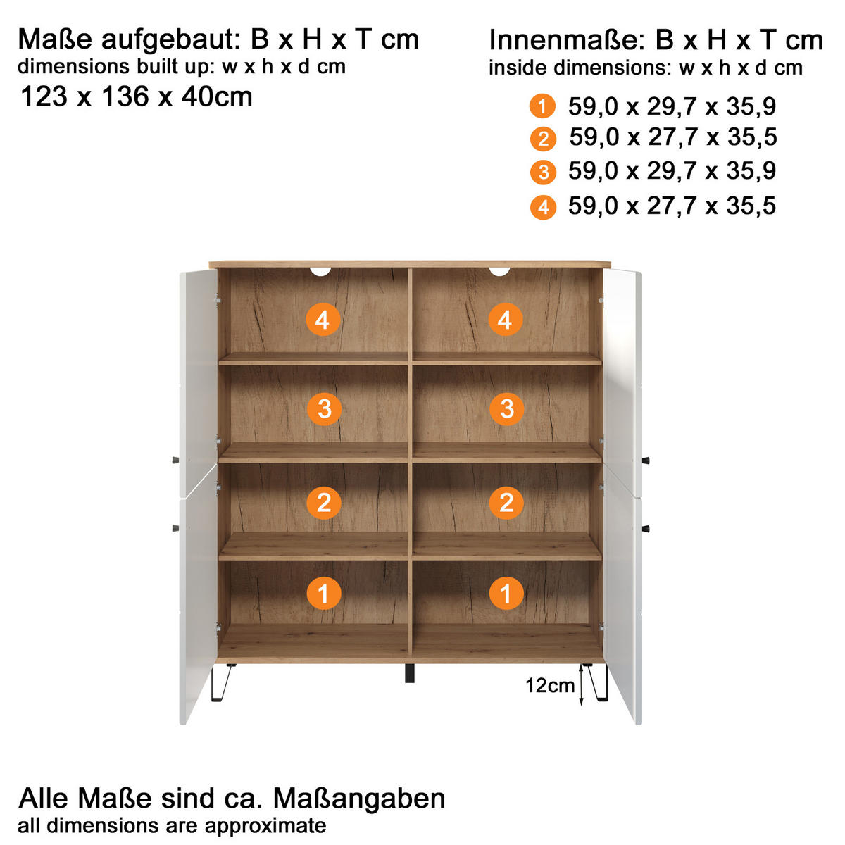 HIGHBOARD weiß matt mit Rautenoptik, Eiche Artisan 123 x 136 cm, Kommode mit Soft-Close - Eichefarben/Schwarz, Holzwerkstoff/Kunststoff (123/136/40cm) - Top.Furn