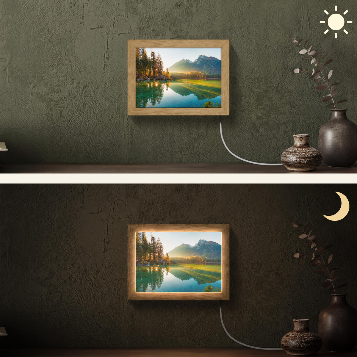 WANDLEUCHTE See - Wald - Berge - Natur - Sonne - Landschaft 20x15 cm - Grün, Holzwerkstoff (20/15/8cm) - OnlyWow
