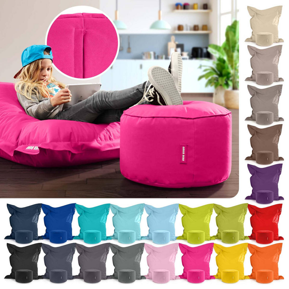 XXL-SITZSACK + Pouf 2er Set - 140x180cm - Pink, Textil (140/25/180cm) - Green Bean