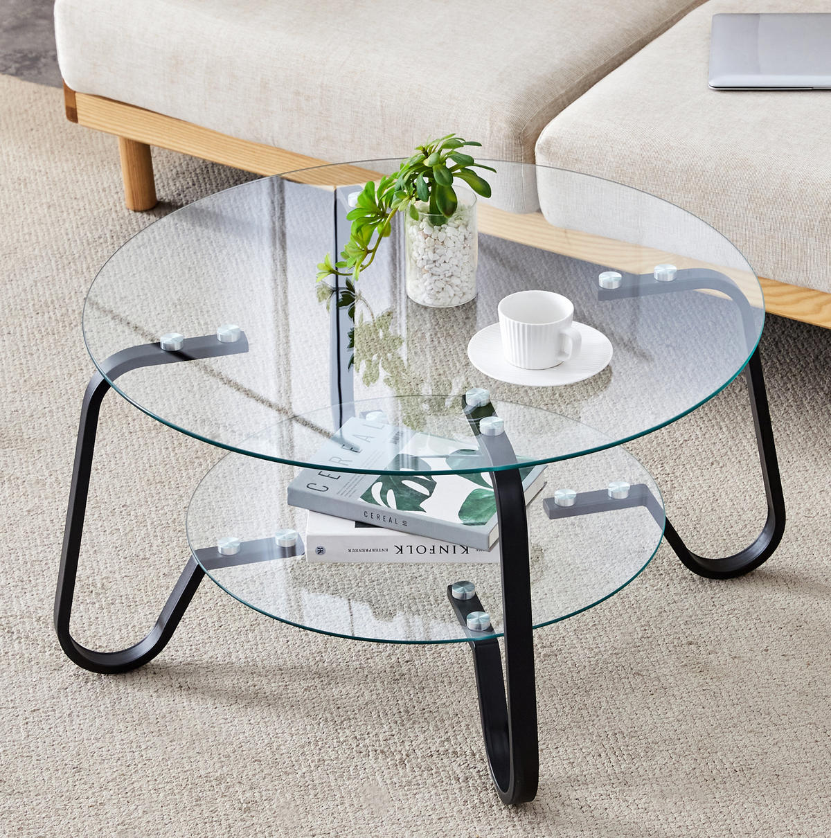 COUCHTISCH 80/80/45 cm rund mit 2 Glasablagen und Metallgestell im Industrial-Stil, Schwarz - Schwarz, Metall (80/80/45cm) - Redom