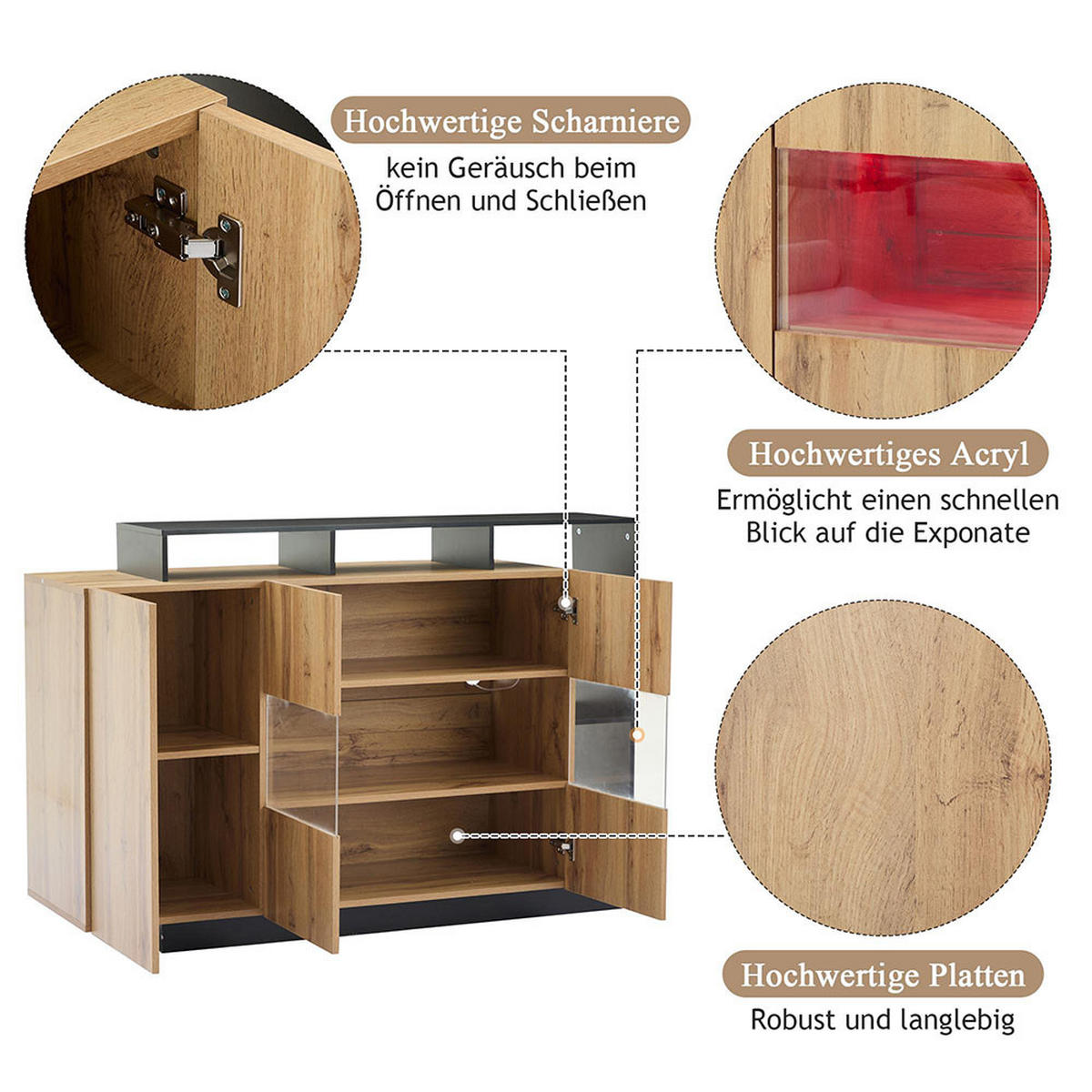 SIDEBOARD mit Bluetooth Steuerung LED Esszimmerschrank，Holzfarbe - Alteiche, Holz (30/94/120cm) - KOMHTOM