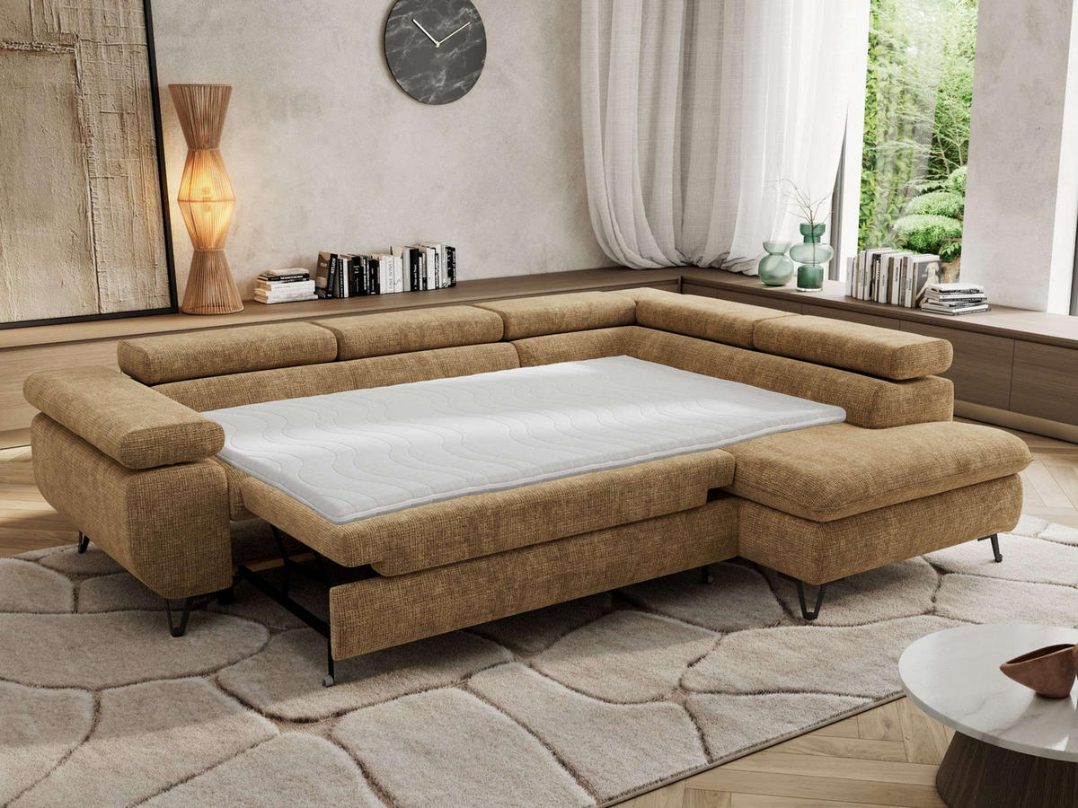 ECKSOFA PABLO L Hellbraun Schenille grob gewebt - Rechts Seite - Hellbraun/Schwarz, Textil/Metall (273/208cm) - MKS