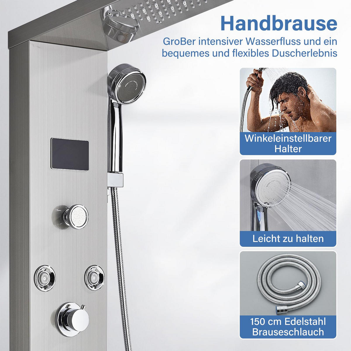 ÜBERKOPFBRAUSESET Edelstahl gebürstet Hydromassage 8 Jets Temperaturanzeige - Silberfarben, Metall (20/122/46cm) - Kaket