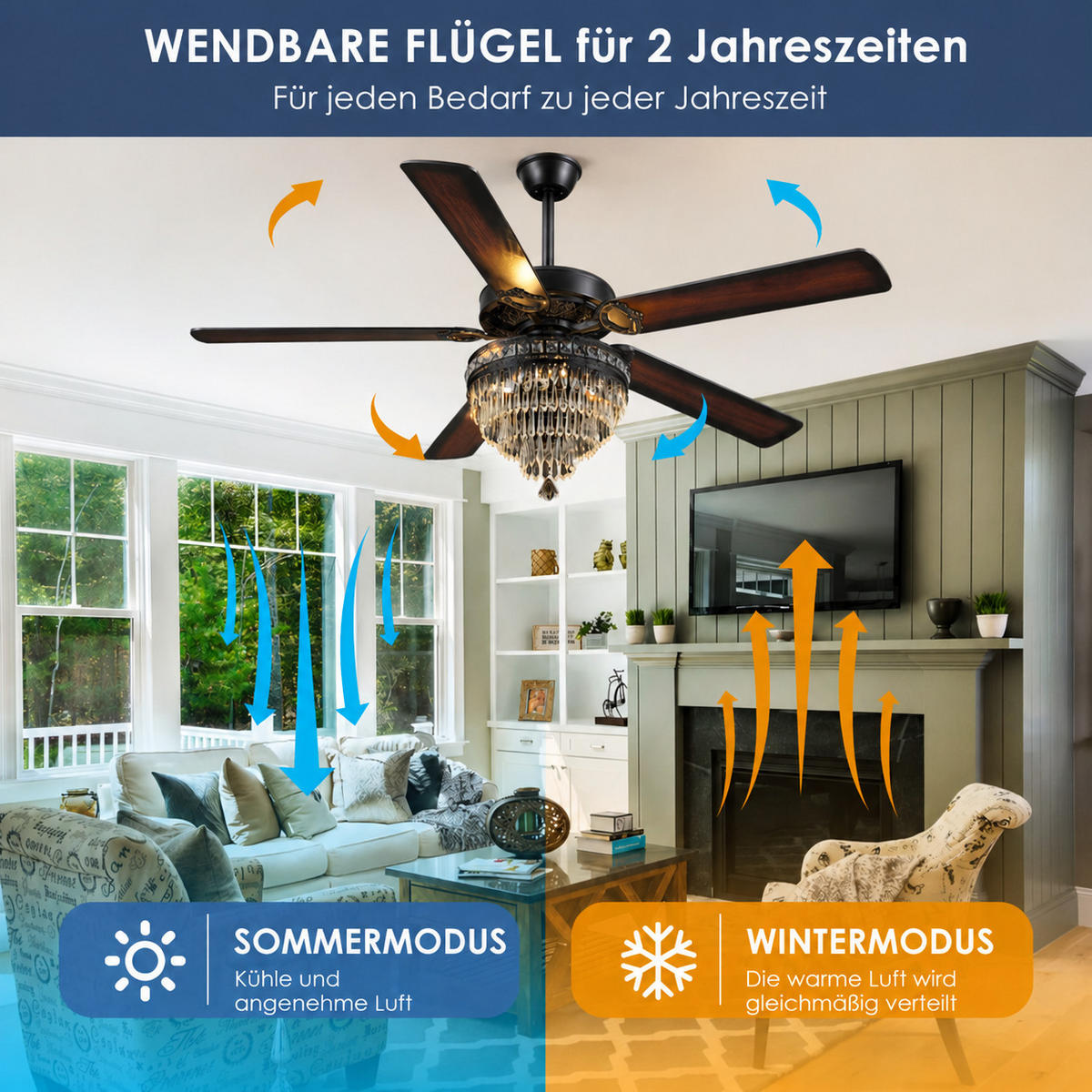 DECKENVENTILATOR Schwarz 132 cm mit Kristallleuchte und Fernbedienung - Schwarz, Metall (132.1/132.1/59.9cm) - Surtime