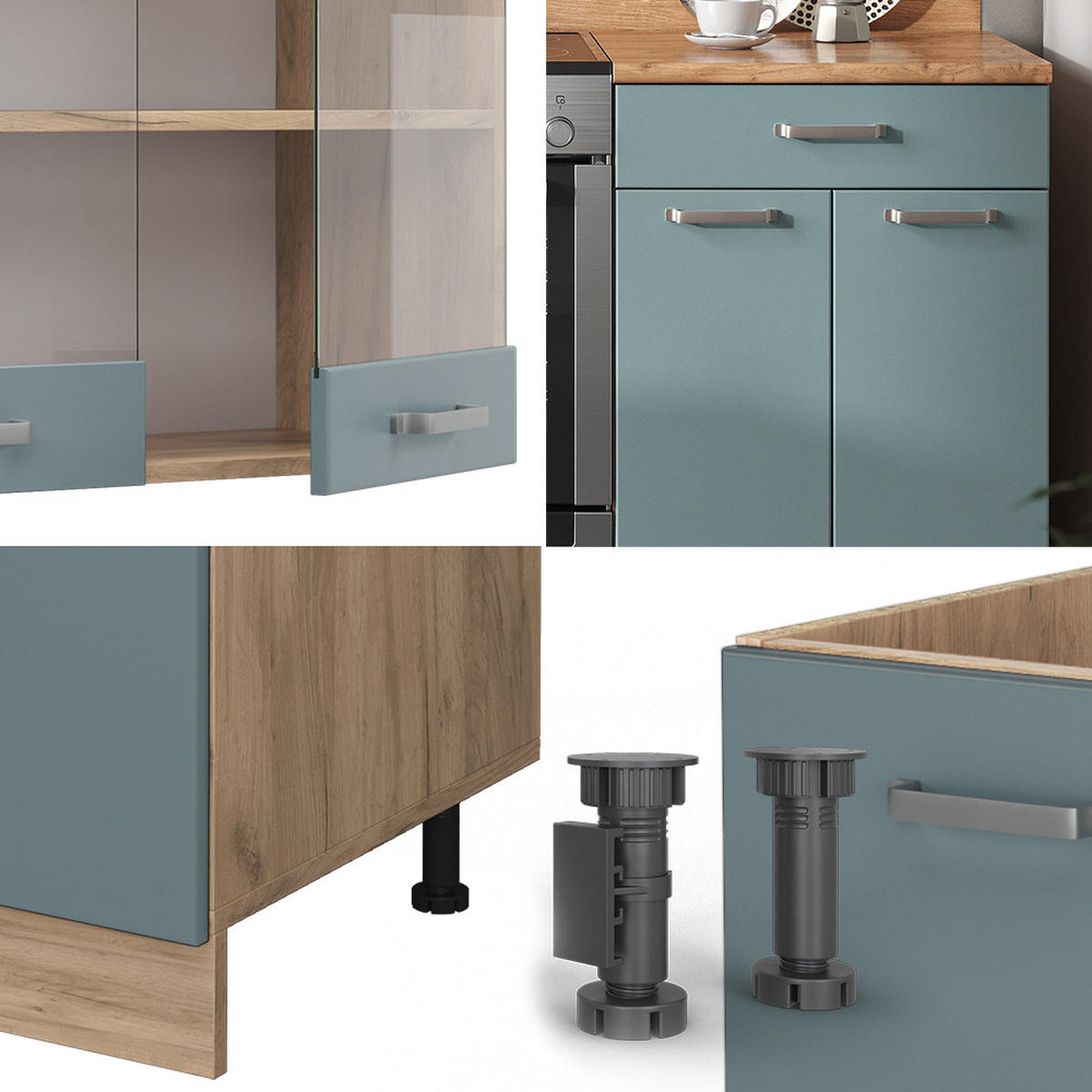 KÜCHE R-Line Blau-Grau/Goldkraft Eiche 200 cm ohne AP - Honigeiche/Blaugrau, Holzwerkstoff (200/81.6/46cm) - Vicco