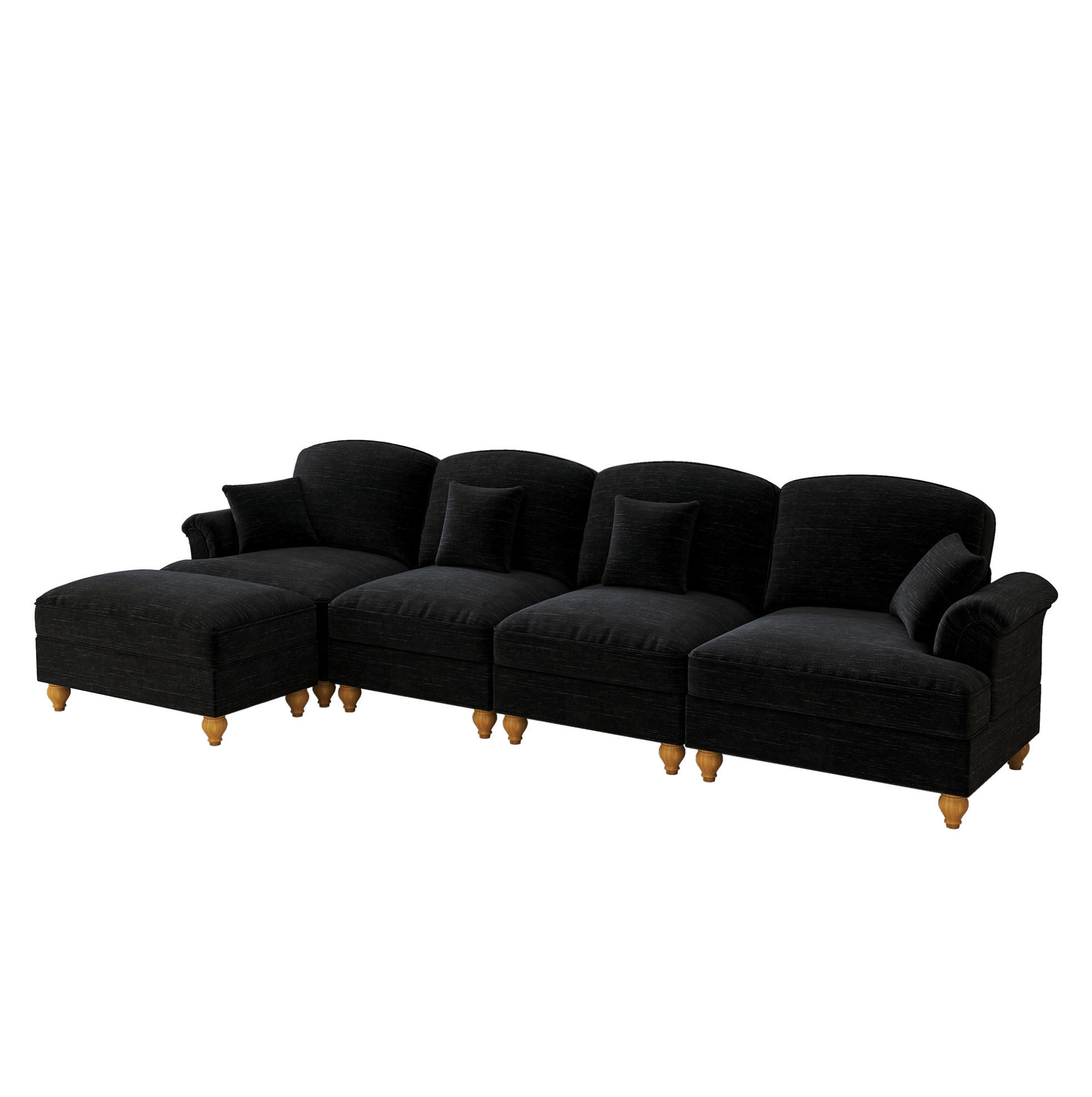 ECKSOFA 350/140/93 cm schwarz aus Chenille mit Rüschenrock und beweglichem Hocker - Schwarz, Textil (140/350cm) - OKWISH