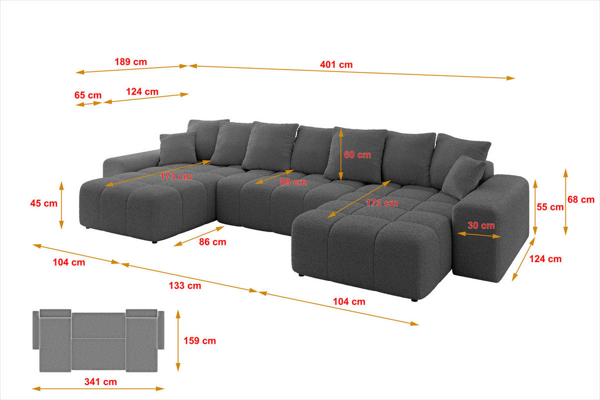 WOHNLANDSCHAFT ENIL-U 401x189x68 Grau Bouclé - Grau, Holzwerkstoff/Kunststoff (401/68/189cm) - ALTDECOR