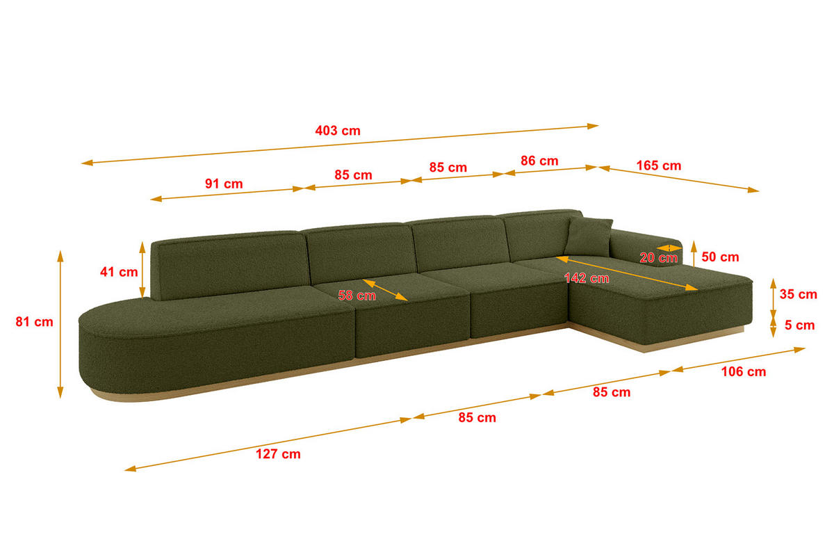 ECKSOFA Ottomane Rechts IREA-L3-v2 - 403x165x81 cm Grün - Grün, Holzwerkstoff/Textil (403/165cm) - ALTDECOR