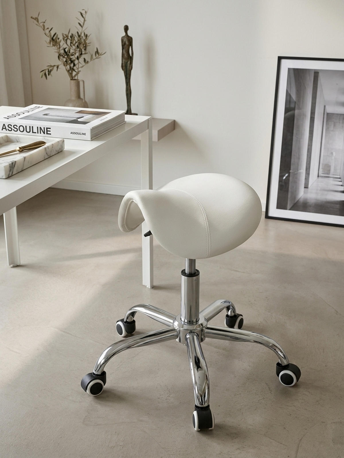 SATTELHOCKER höhenverstellbar mit 100 kg Belastbarkeit BEVANO, Weiß 60x60x60 cm - Silberfarben/Weiß, Kunststoff/Textil (60/60/60cm) - KADIMA DESIGN