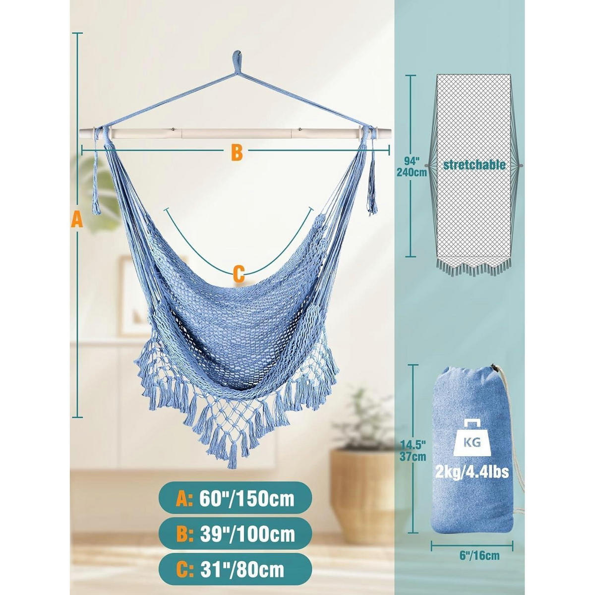 HÄNGESESSEL Baumwolle Hellblau 240 x 80 cm - Hellblau, Textil (80/1.5/240cm)