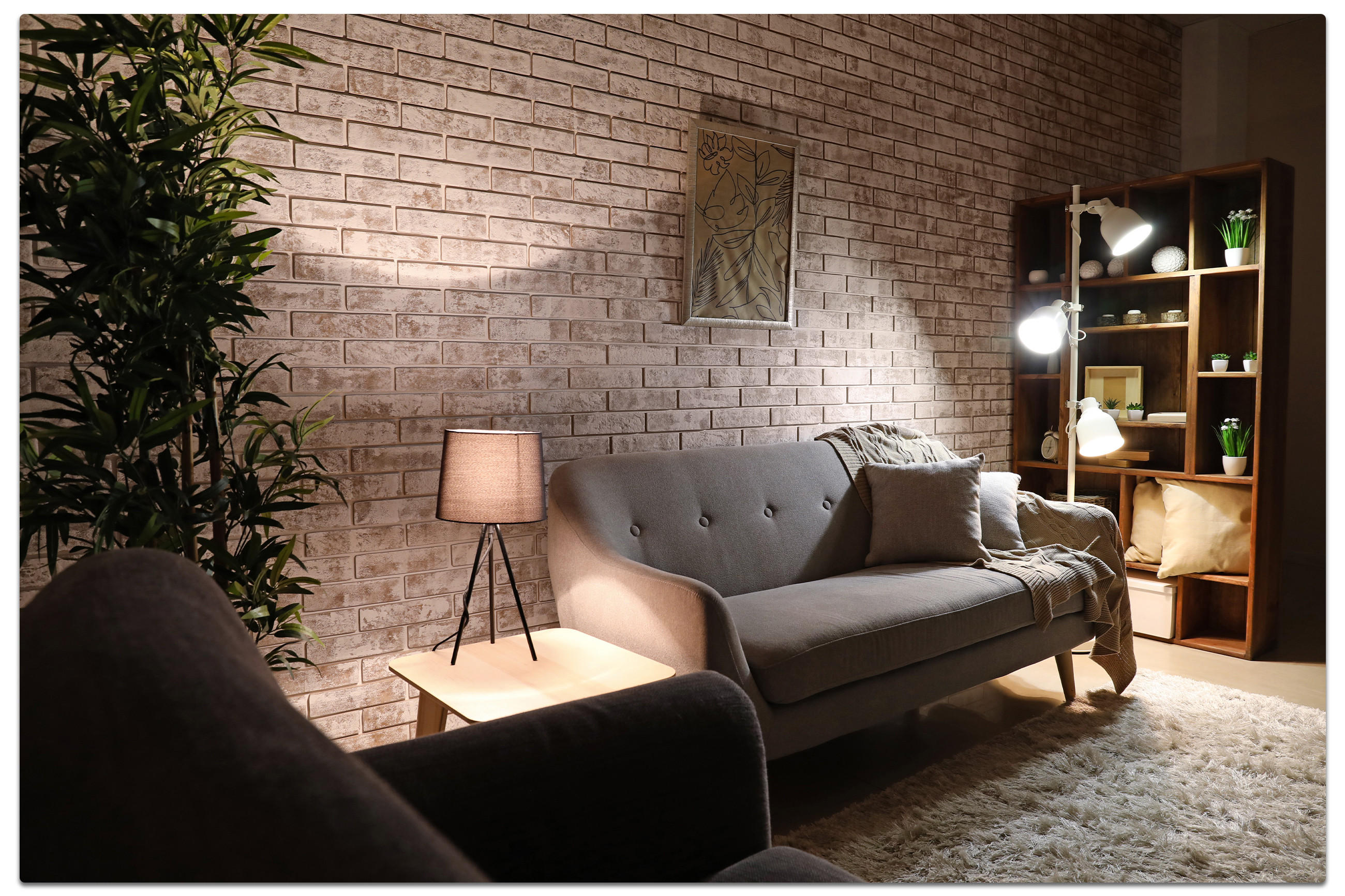 Gemütliches Wohnzimmer mit einer Couch, einer Lampe und einem Bücherregal, ideal zum Entspannen und Lesen