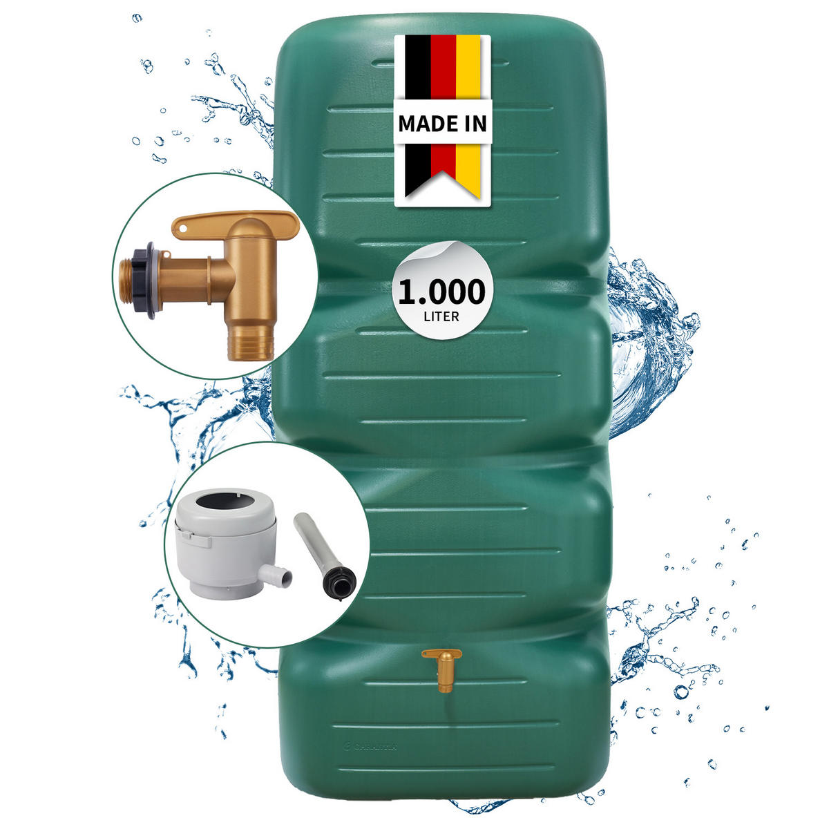 REGENTONNE Komplett-Set 1000 L, dunkelgrün inkl. Kunststoff-Auslaufhahn und Fallrohranschluss - Grün, Kunststoff (80/184/80cm) - GARANTIA