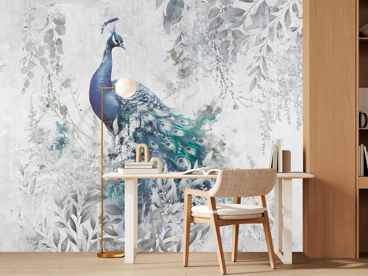 FOTOTAPETE für Schlafzimmer Abstrakte Vogel Pfau Beton Blätter 500x350 - Türkis/Blau, Papier (500/350cm) - Muralo