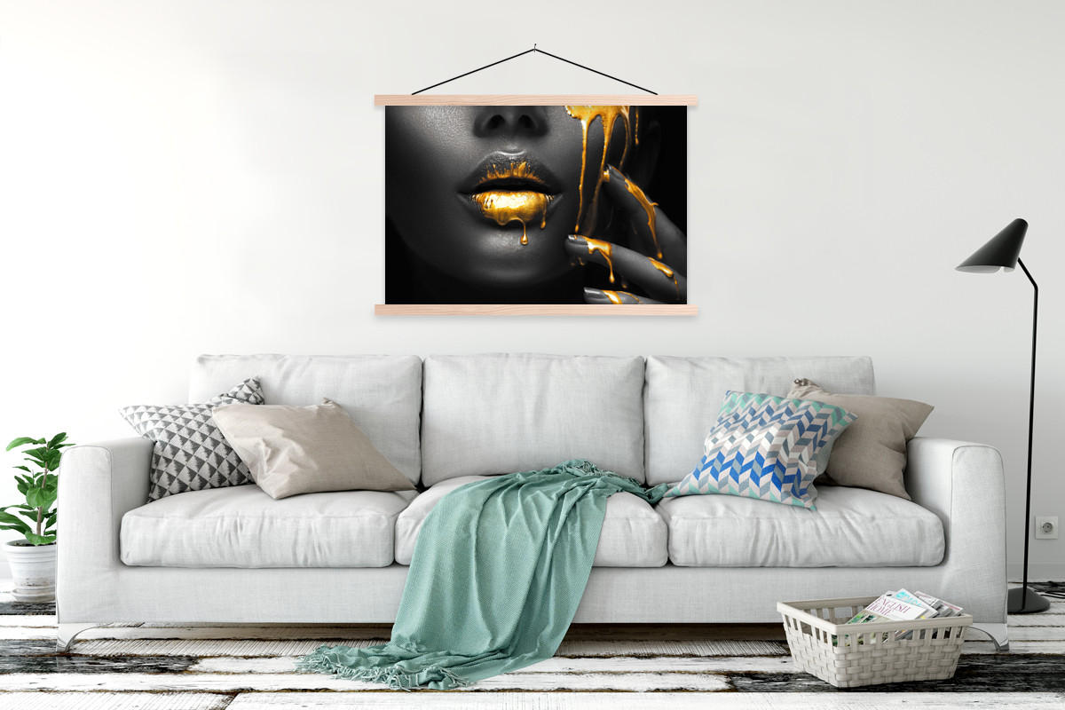 POSTER Frau - Schwarz - Gold - Gesicht - Lippen 120x80 cm - Goldfarben, Textil (120/80/0.15cm) - MuchoWow