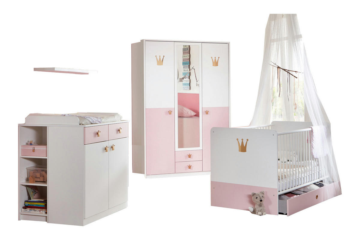 BABYZIMMER Cindy in Weiß und Rosé 8 teilig mit 3 türigem Kleiderschrank - Weiß, Holzwerkstoff (120/200/80cm)