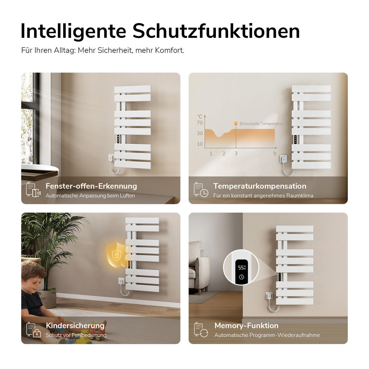 HANDTUCHHEIZKÖRPER Elektrisch mit Thermostat, App- und Sprachsteuerung Weiß 85/40 cm - Weiß, Metall (40/85/11cm) - EMKE