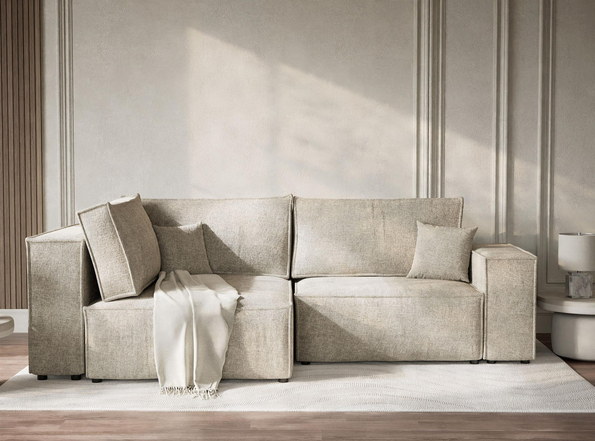 ECKSOFA MIT SCHLAFFUNKTION Tonga Hellbeige Chenille-Stoff - Beige/Schwarz, Holz/Holzwerkstoff (105/225cm) - Maison de Reve