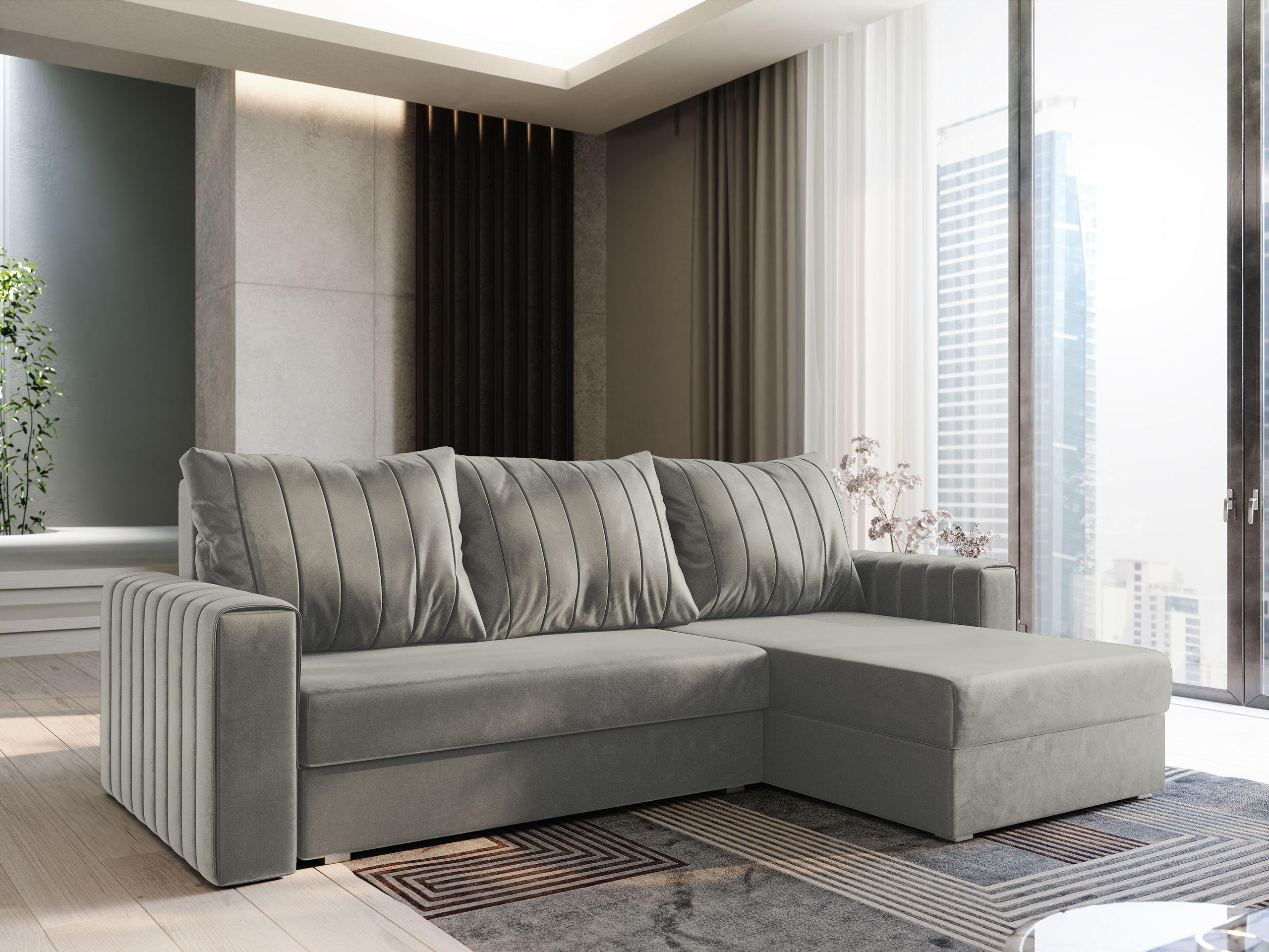 ECKSOFA CARL Hellgrau Plüsch-Stoff mit Schlaffunktion - Hellgrau, Holz (236/150cm) - MASSENO