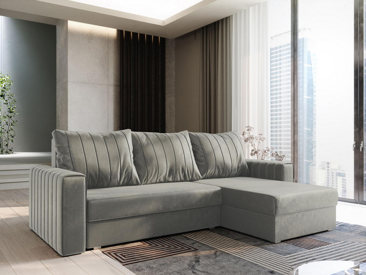 ECKSOFA CARL Hellgrau Plüsch-Stoff mit Schlaffunktion - Hellgrau, Holz (236/150cm) - MASSENO