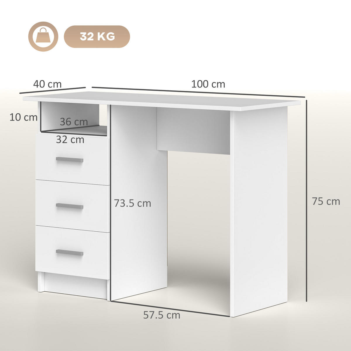 BÜROTISCH Weiß 1 Stück - Weiß, Holzwerkstoff (40/100/75cm) - GiPP