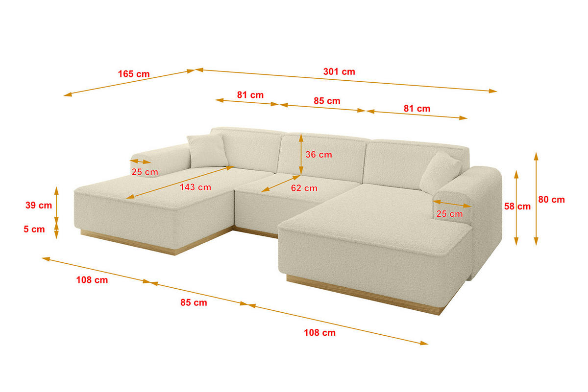 WOHNLANDSCHAFT IREA-U1-v2 - 301x165x80 cm Beige - Creme, Holzwerkstoff/Textil (301/80/165cm) - ALTDECOR