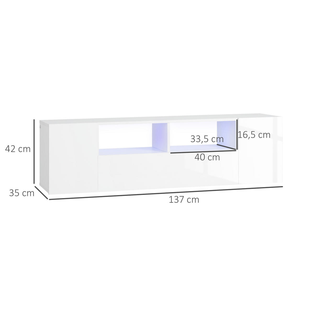 TV-LOWBOARD Weiß 137/35/42 cm, LED-Beleuchtung, Hochglanz-Front - Weiß, Holzwerkstoff (137/42/35cm) - PANGIVO