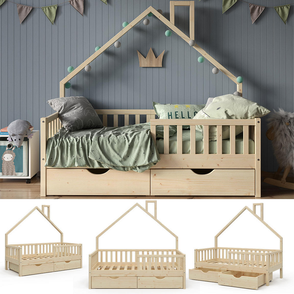 HAUSBETT Noemi Naturholz 80x160 cm mit 2 Schubladen - Naturfarben, Holz (80/160cm) - VitaliSpa