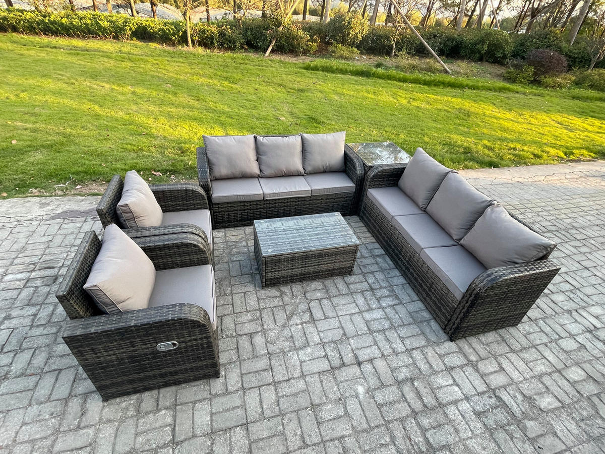 GARTENMÖBEL-SET mit Kissen Polyrattan Dunkelgrau 8-Sitzer - Dunkelgrau/Grau, Glas/Kunststoff - Fimous