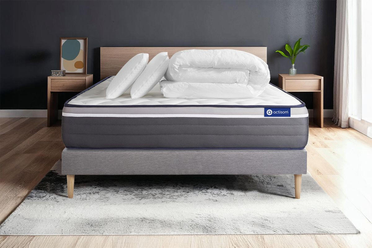 BETT Actimemo plus Memory-Schaum 200 x 200 cm h4 - Kit Bettgestell Grau - Mit Kissen und Bettdecke - Beige/Grau, Karton/Holz (200/200cm) - ACTISOM